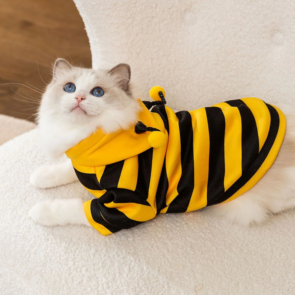 Pet Bee Costume Hood Dog Halloween Clothes Winter Warm Pet Hoodies Cat Holiday Cosplay Outfit for Small Medium Dogs Cats (Yellow,L)