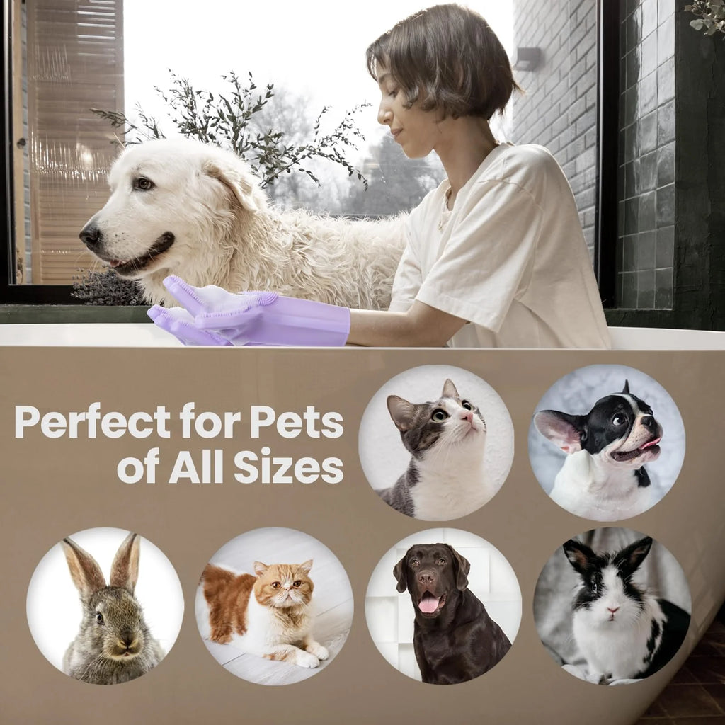 Dog Washing Gloves 1 Pair: Soft and Gentle Silicone Pet Grooming Gloves - Bathing Scrubber Brush Mitt Grooming Shedding Fur Removal Massage for Dogs/Cats/Horse, Purple