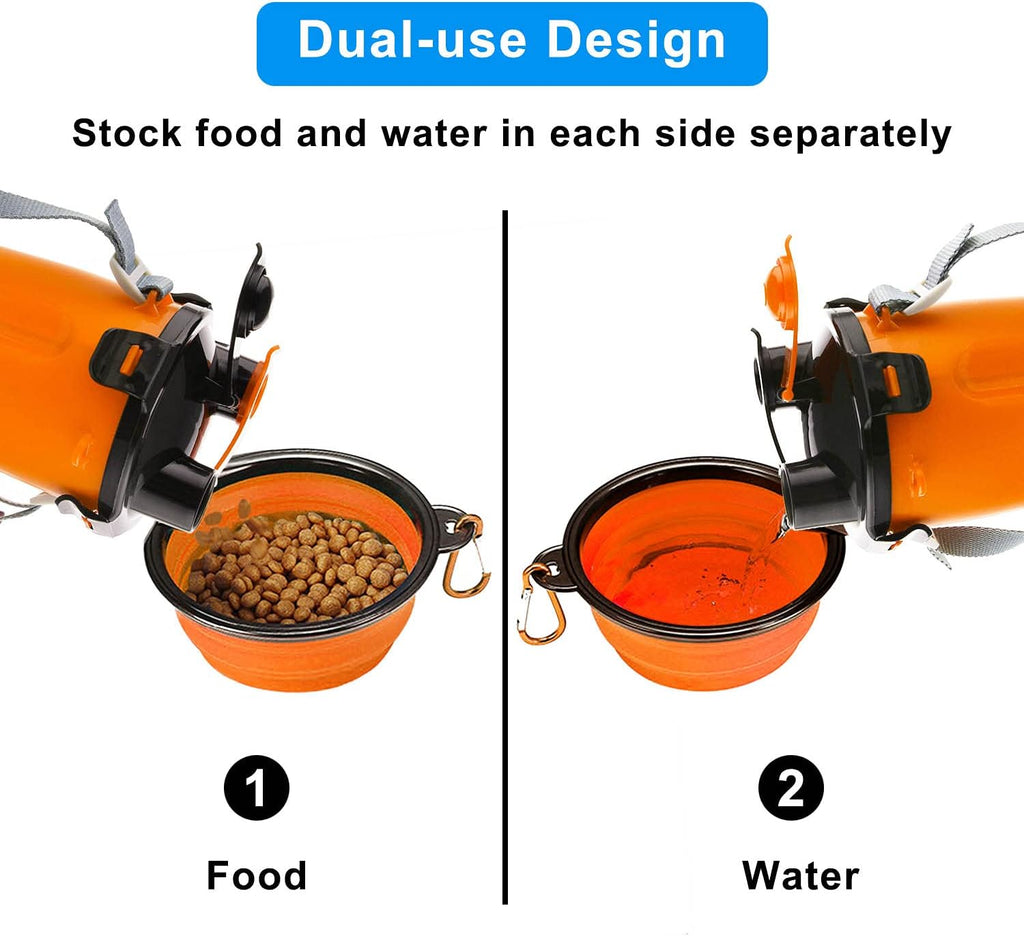 Dog Travel Water Bottle Collapsible Bowls, 2 in 1 Pet Food Container with Collapse Bowls, Outdoor Portable Water Bowls for Walking, Traveling, Camping and Hiking (Orange)