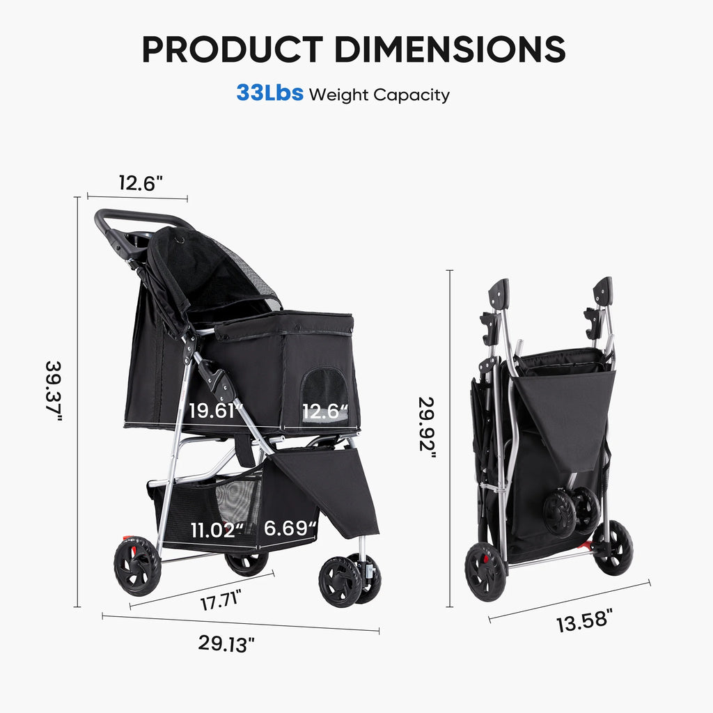 3 Wheels Pet Stroller, Dog and Cat Strollers, with Storage Basket and Cup Holder, Lightweight Travel Carrier, Breathable Mesh, Waterproof and Foldable for Small Pets Outdoor Walk, Black