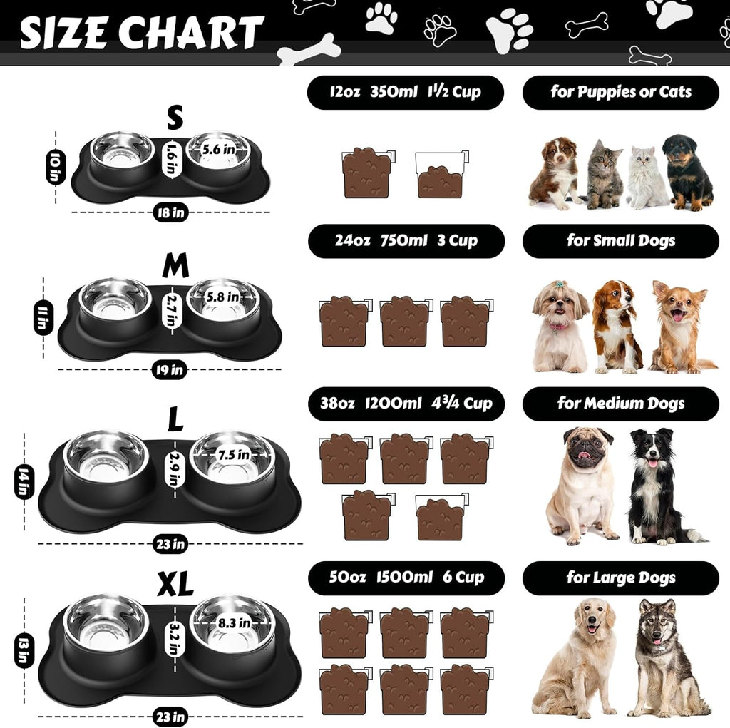 Dog Food Bowls Stainless Steel & Water Dish with No-Spill and Non-Skid, Feeder Bowls with Dog Food Dish for Small Medium Large Size,Dogs,Cats,Puppy Pets, Black, 12Oz