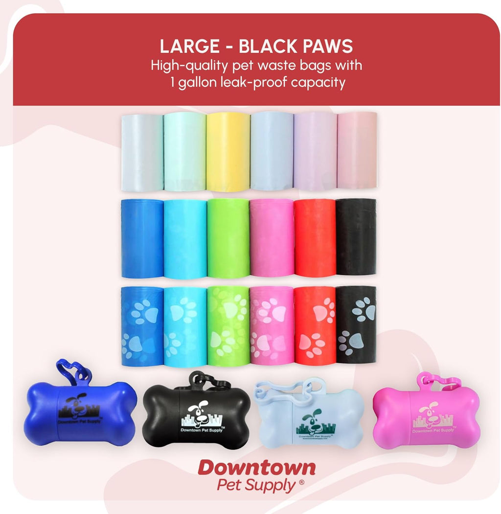 Poop Bags for Dogs with Dispenser, 180 Count - Leak-Proof Dog Waste Bags and Bone-Shaped Dog Poop Bags Holder for Leash - Black with Paw Prints, 12.5" X 8.5"