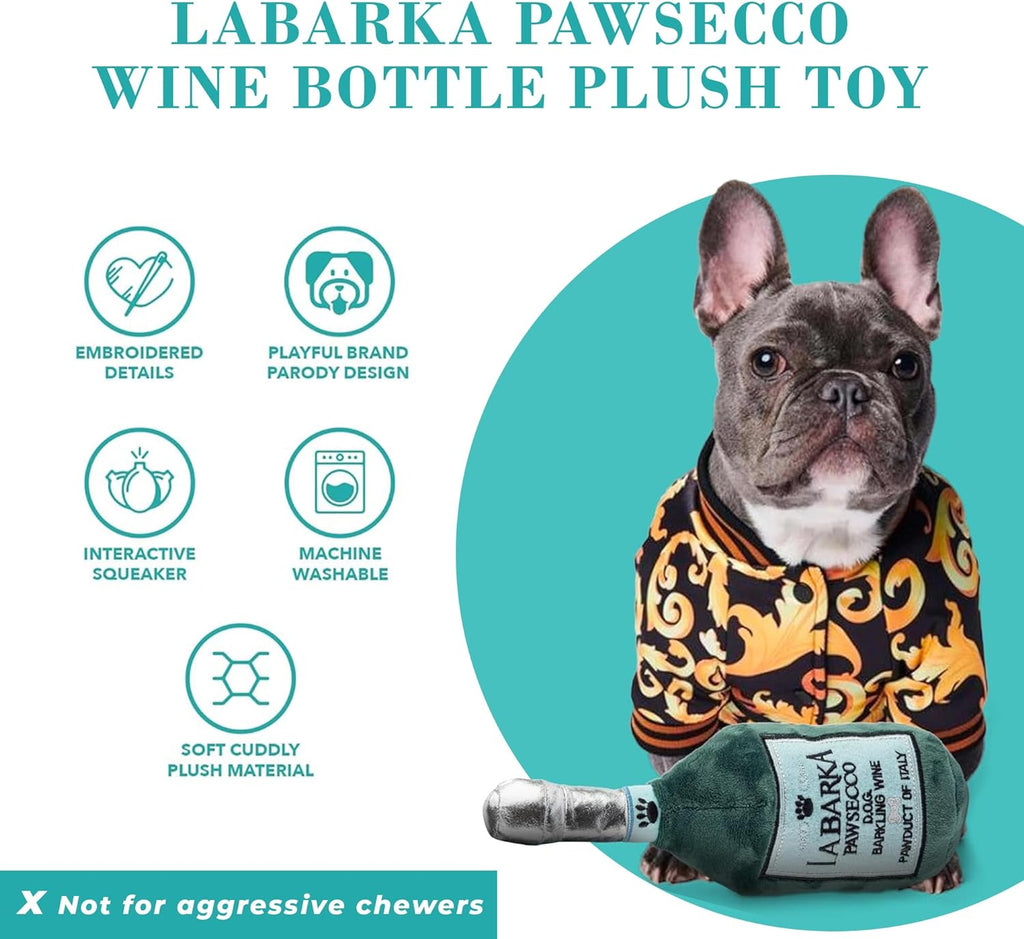 Labarka Pawsecco Plush Dog Toy, Wine Parody Chew Toys | Funny Interactive Stuffed Squeaky Toys for Small to Large Dogs, Soft Cuddly, Indoor/Outdoor Play, Machine Washable, One Size