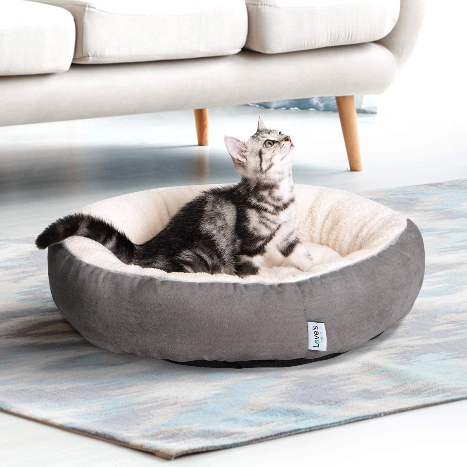 Luxury Round Donut Cat & Dog Bed - 20" Soft, Washable, Anti-Slip & Water-Resistant Gray Cushion for Small Pets