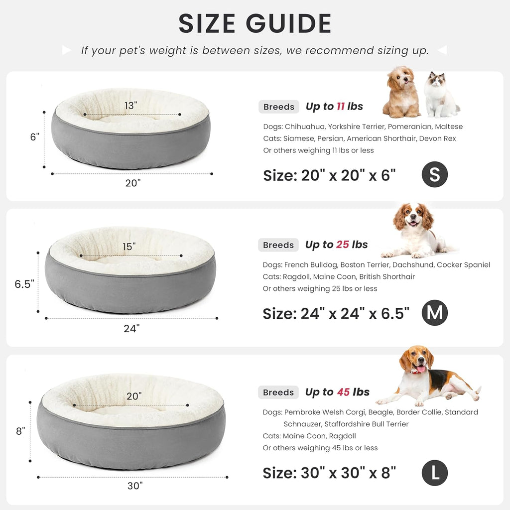 Luxury Round Donut Cat & Dog Bed - 20" Soft, Washable, Anti-Slip & Water-Resistant Gray Cushion for Small Pets