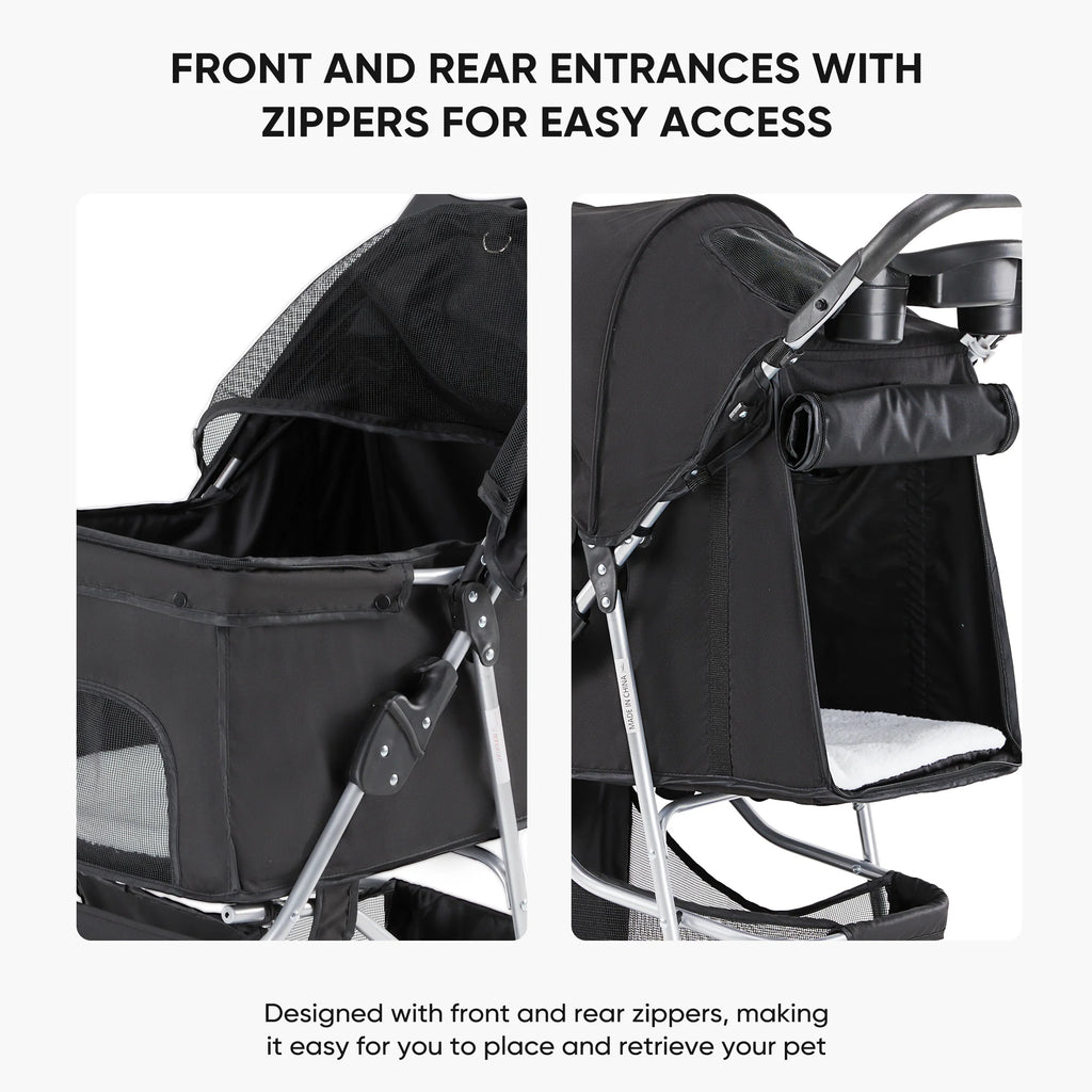 3 Wheels Pet Stroller, Dog and Cat Strollers, with Storage Basket and Cup Holder, Lightweight Travel Carrier, Breathable Mesh, Waterproof and Foldable for Small Pets Outdoor Walk, Black