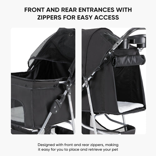 3 Wheels Pet Stroller, Dog and Cat Strollers, with Storage Basket and Cup Holder, Lightweight Travel Carrier, Breathable Mesh, Waterproof and Foldable for Small Pets Outdoor Walk, Black