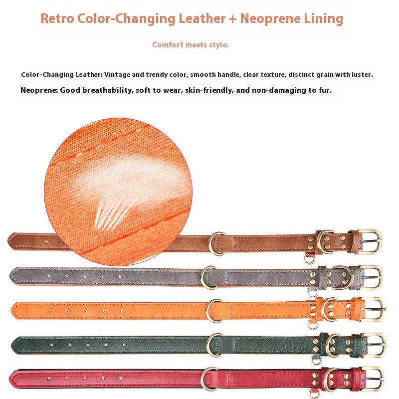 Factory Direct Sales Retro Leather Dog Leash with Breathable Dog Collar Contrast Color Solid Pattern Space Cotton Pet Lettering