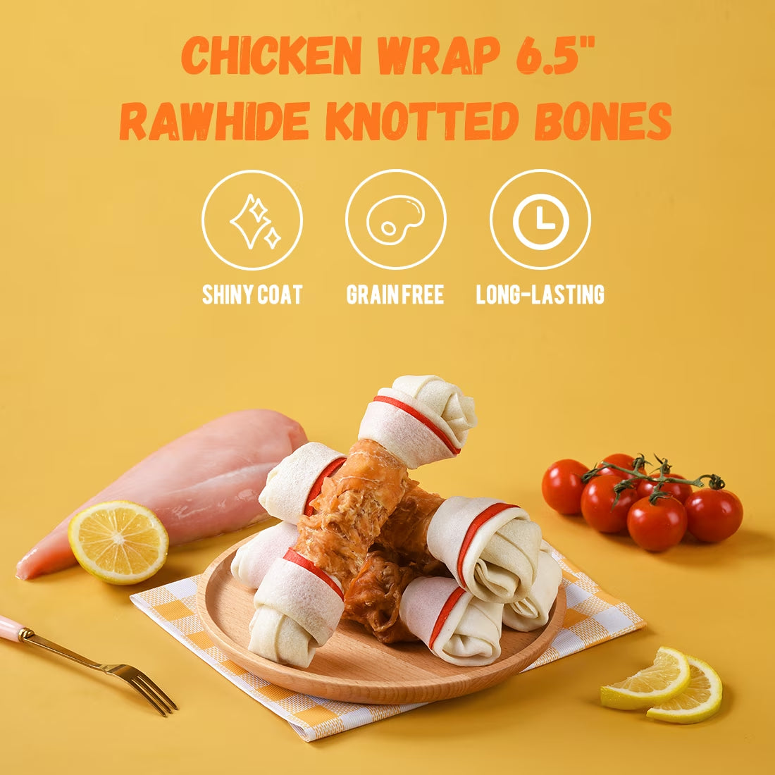 (4 Pack)  6.5" Rawhide Dog Bone, Long Lasting Chicken Wrapped Dog Treats (4/Pack), Beefhide Bone for Large Dogs, 11Oz