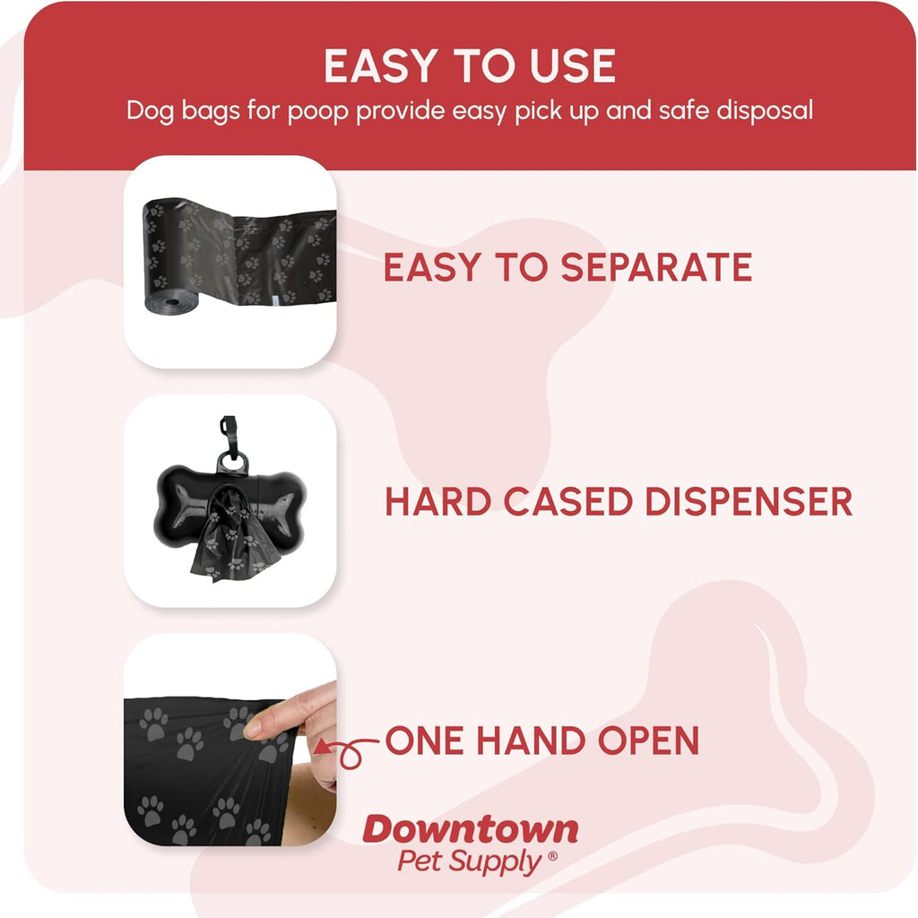 Poop Bags for Dogs with Dispenser, 180 Count - Leak-Proof Dog Waste Bags and Bone-Shaped Dog Poop Bags Holder for Leash - Black with Paw Prints, 12.5" X 8.5"