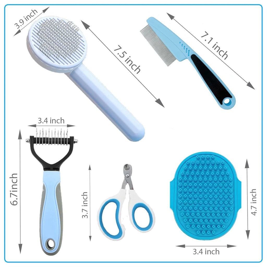 Pet Grooming Brush Kit, 5 Pcs Cat Grooming Supplies for Shedding & Matted Fur, Blue