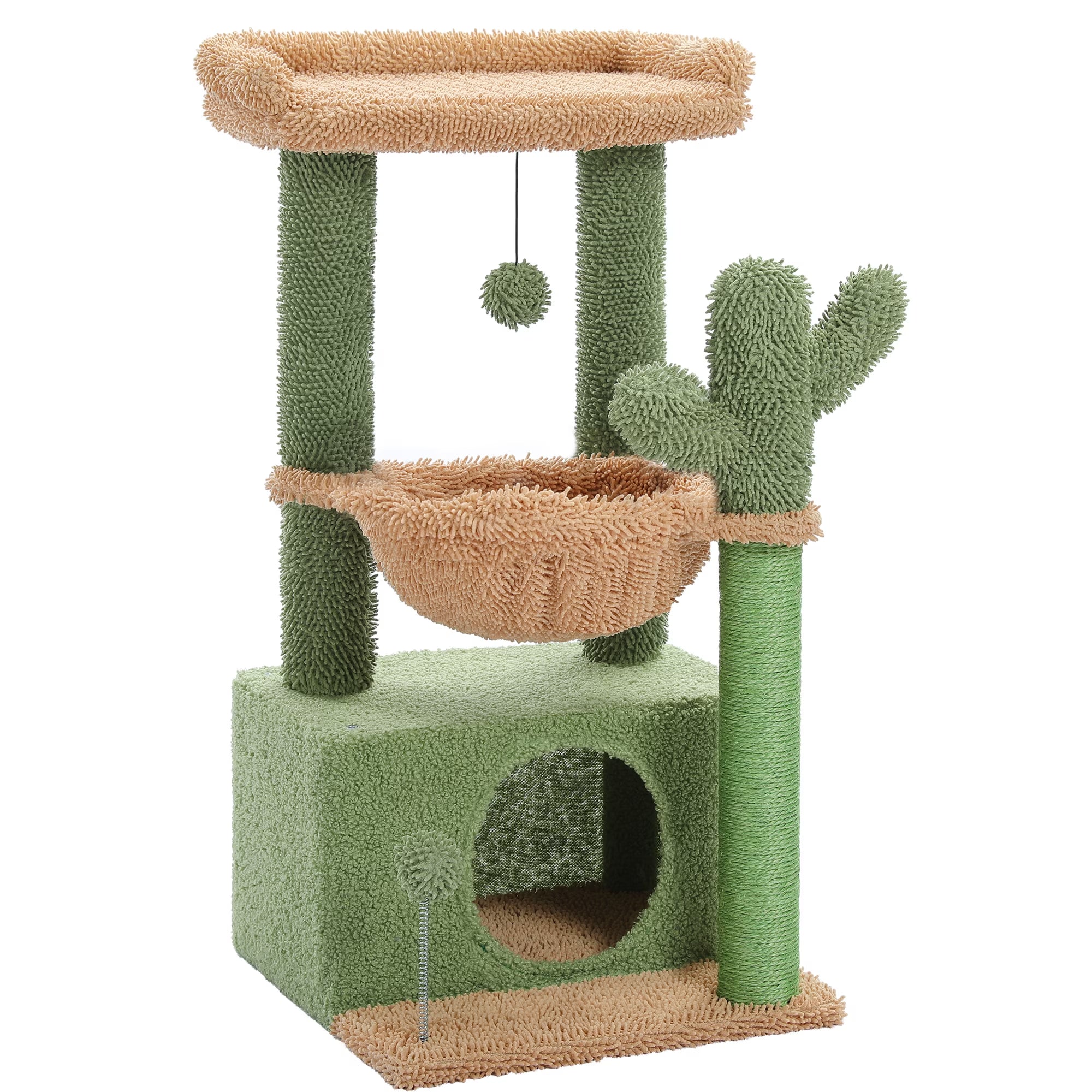 Cat Tree 33" Cute Cactus Cat Scratching Posts Tower with Large Top Perch and Hammock for Medium Indoor Cats, Green
