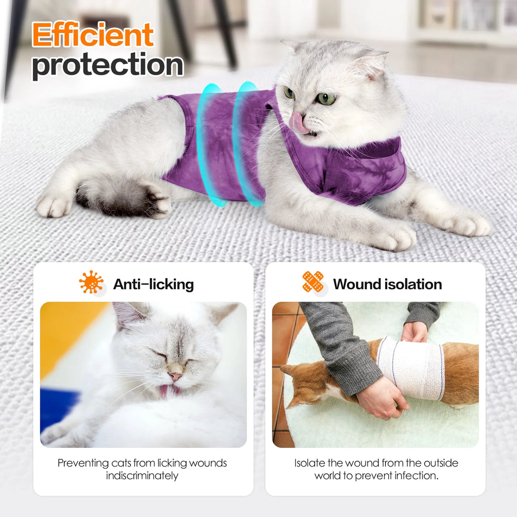 Cat Recovery Suit, Tie-Dye Post-Surgery Pet Clothing, Soft Stretch Fabric Cat Surgery Shirt with Back Button Closure, Prevents Licking and Biting after Spay/Neuter,Purple,L