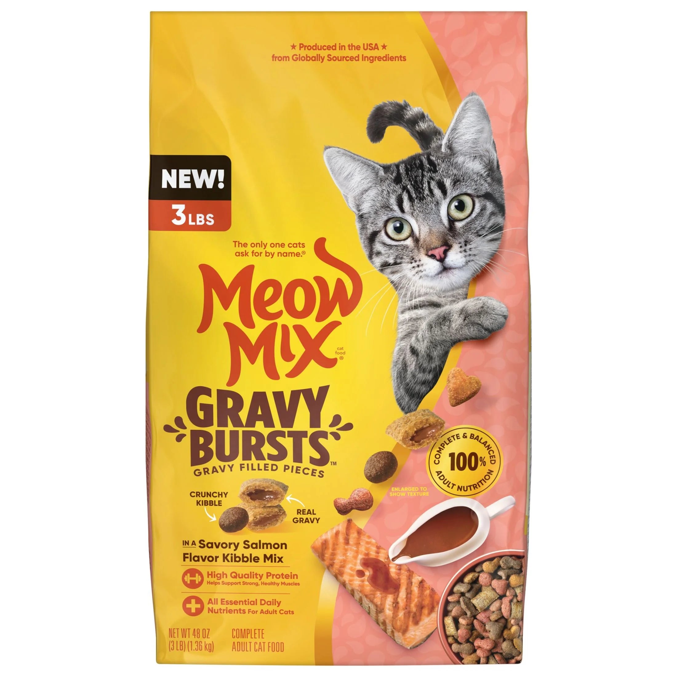 Gravy Bursts, Savory Salmon Flavor Kibble Mix, Gravy Filled Dry Cat Food, 3 Lb. Bag