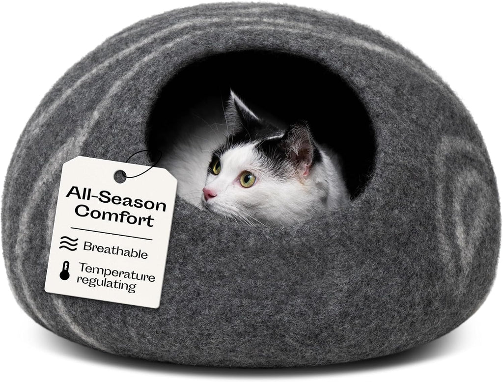 Luxurious Handmade Merino Wool Cat Cave - Cozy Dark Grey Bed Enclosure for Indoor Cats (Medium Size)