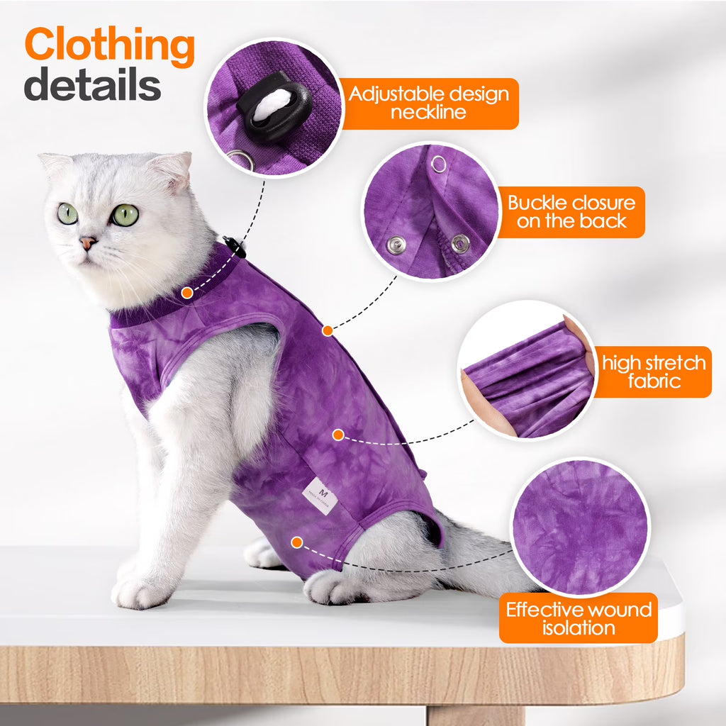 Cat Recovery Suit, Tie-Dye Post-Surgery Pet Clothing, Soft Stretch Fabric Cat Surgery Shirt with Back Button Closure, Prevents Licking and Biting after Spay/Neuter,Purple,L