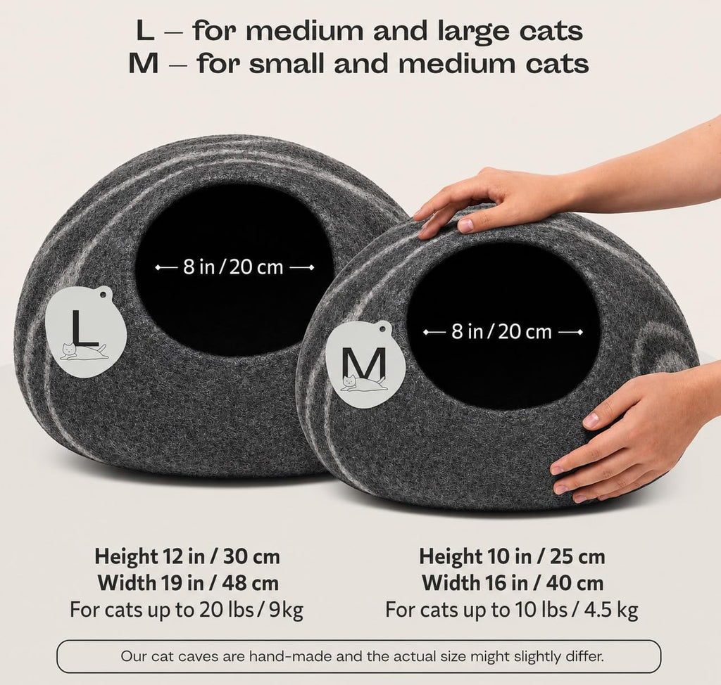 Luxurious Handmade Merino Wool Cat Cave - Cozy Dark Grey Bed Enclosure for Indoor Cats (Medium Size)