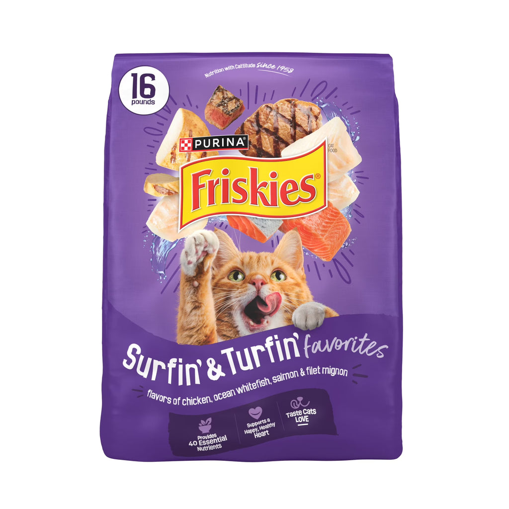 Purina Friskies Surfin and Turfin Favorites Dry Cat Food Flavors of Chicken, Whitefish, Salmon and Filet Mignon, 16 Lb Bag