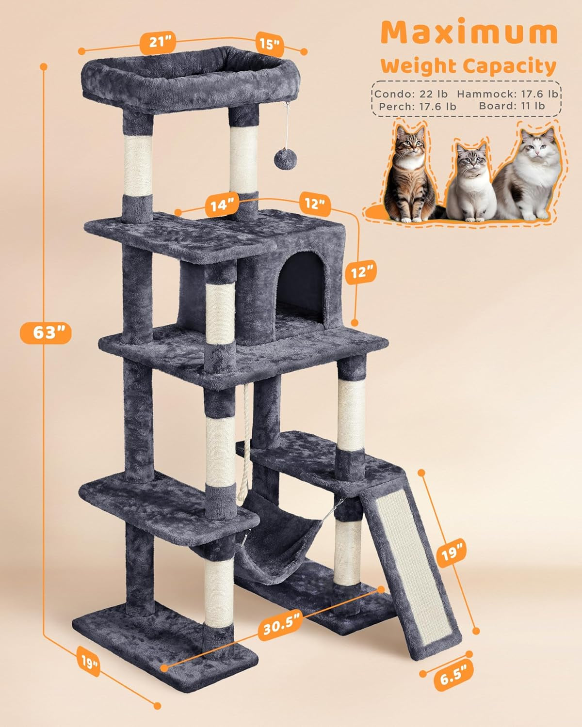 Ultimate 63-Inch Cat Tree for Heavy Cats - Plush Condo, Hammock, Sisal Scratching Posts, Multi-Pet Friendly, Easy Assembly, Stable Base