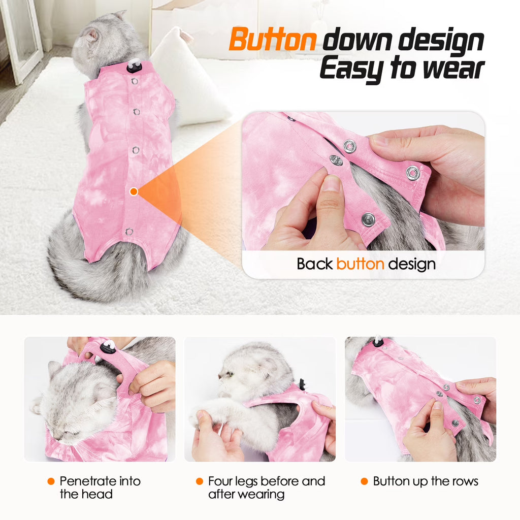 Cat Recovery Suit, Tie-Dye Post-Surgery Pet Clothing, Soft Stretch Fabric Cat Surgery Shirt with Back Button Closure, Prevents Licking and Biting after Spay/Neuter,Pink,L