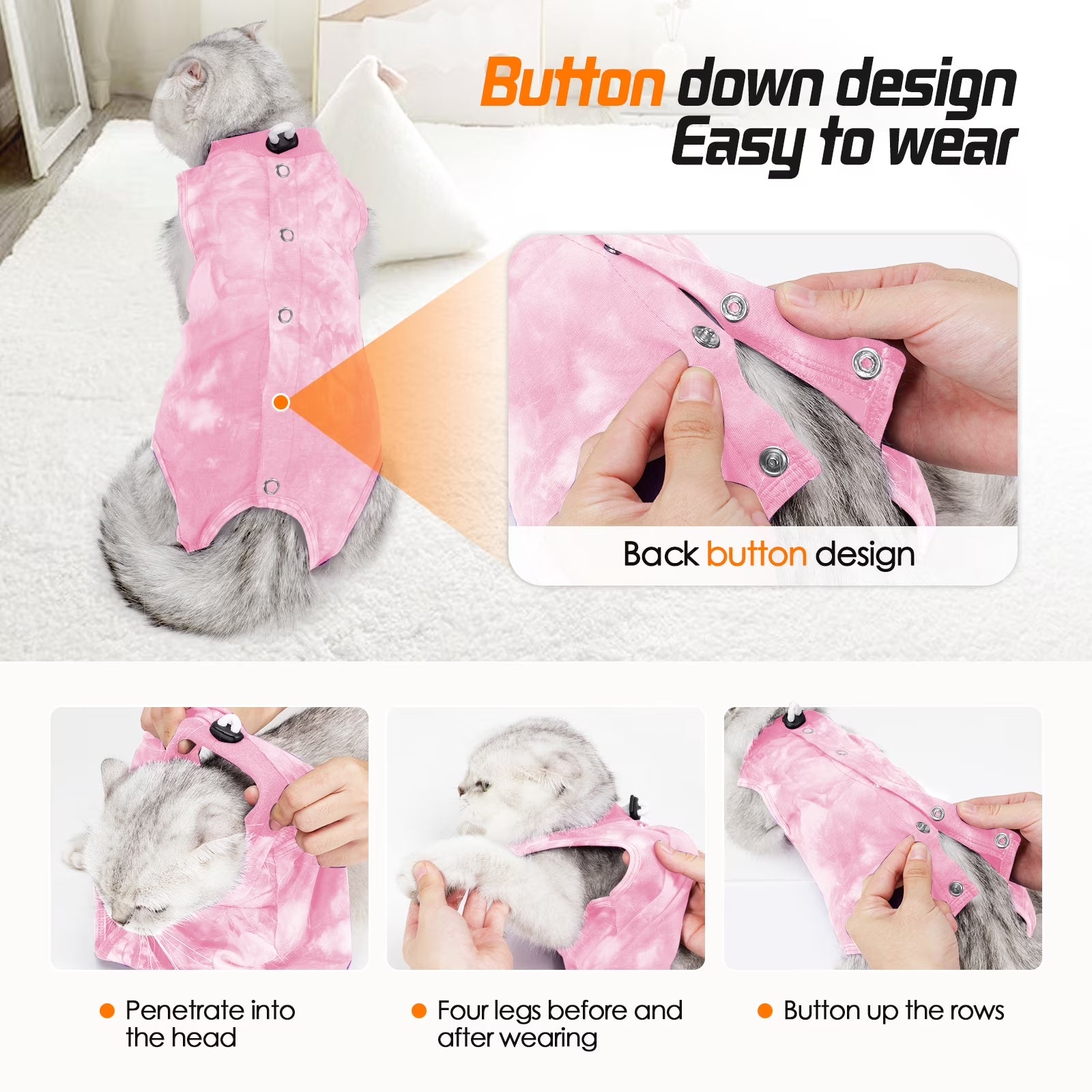 Cat Recovery Suit, Tie-Dye Post-Surgery Pet Clothing, Soft Stretch Fabric Cat Surgery Shirt with Back Button Closure, Prevents Licking and Biting after Spay/Neuter,Pink,L