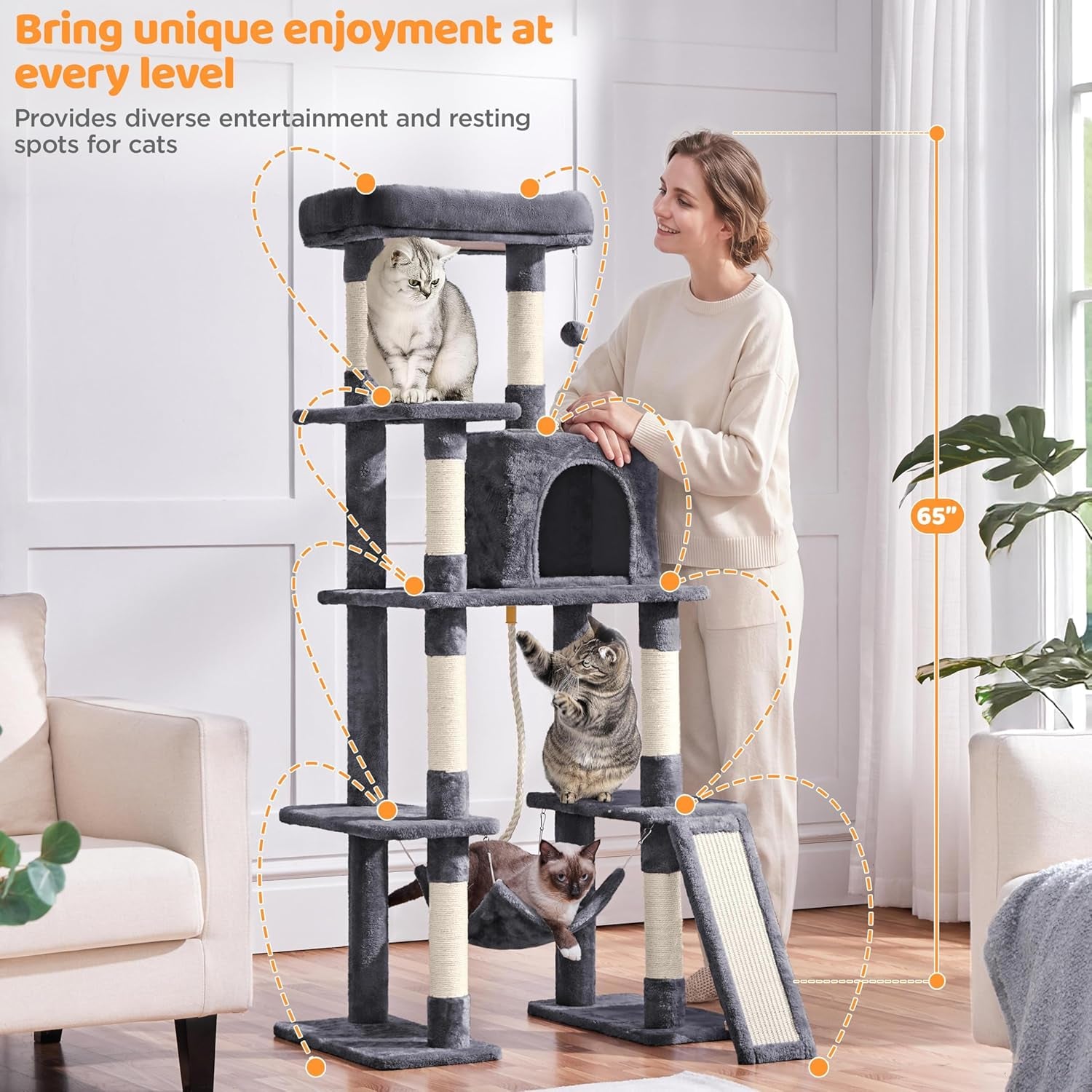 Ultimate 63-Inch Cat Tree for Heavy Cats - Plush Condo, Hammock, Sisal Scratching Posts, Multi-Pet Friendly, Easy Assembly, Stable Base