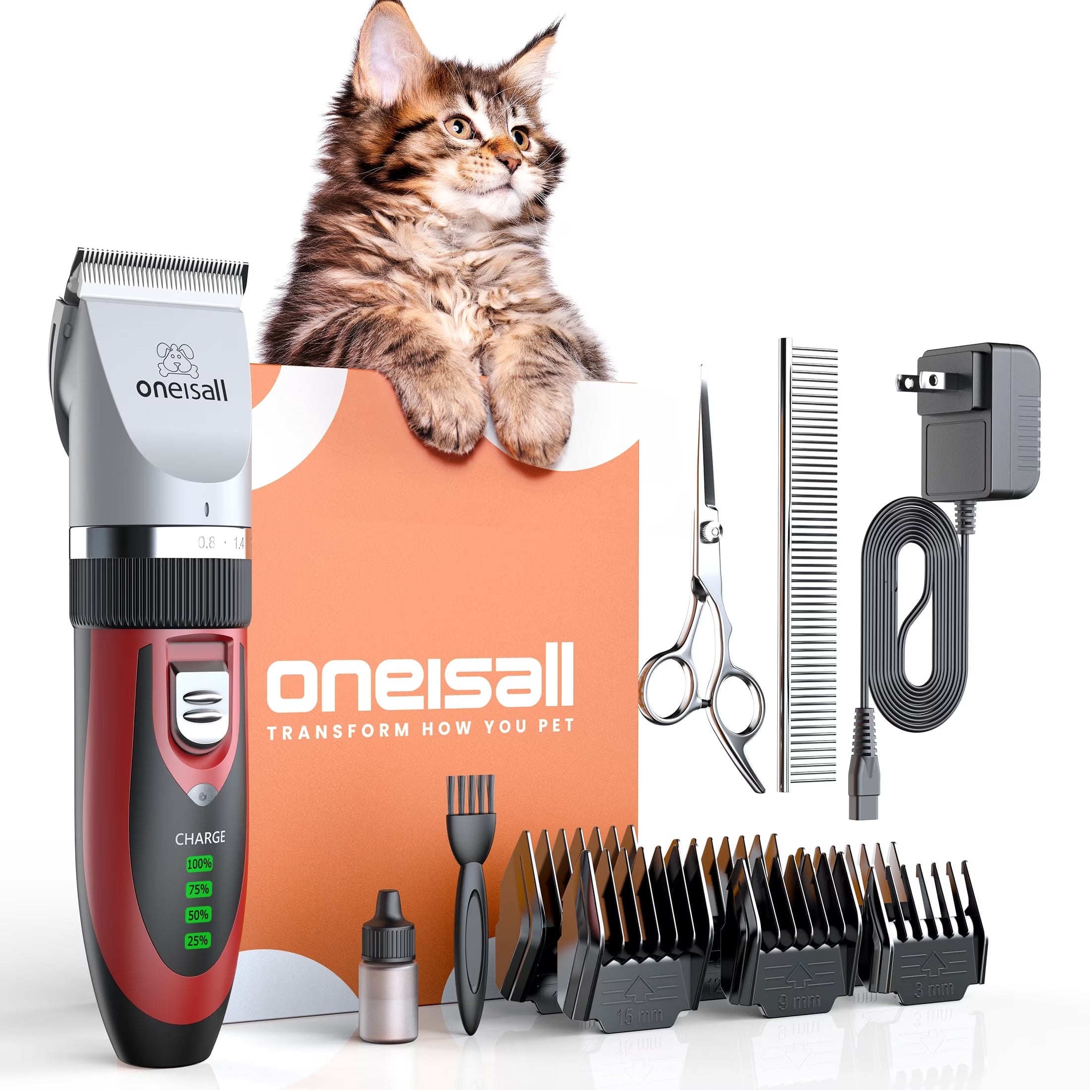 C6 Cat Clippers for Grooming, Low Noise Cat Grooming Kit, Cordless Dog Clippers/Cat Hair Trimmer, Red