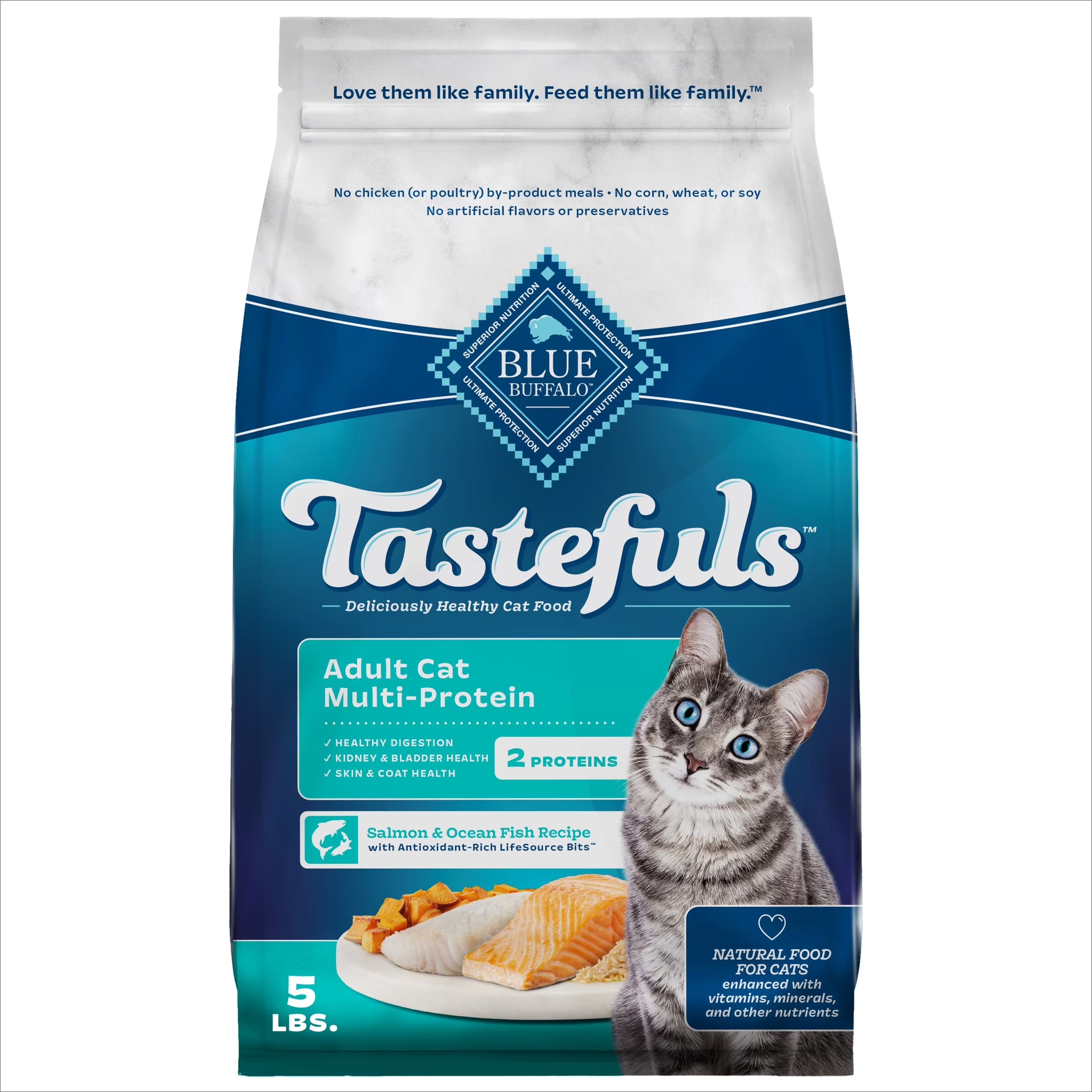 Tastefuls Adult Cat Dry Food, Multi-Protein Salmon & Ocean Fish Recipe, 5-Lb. Bag