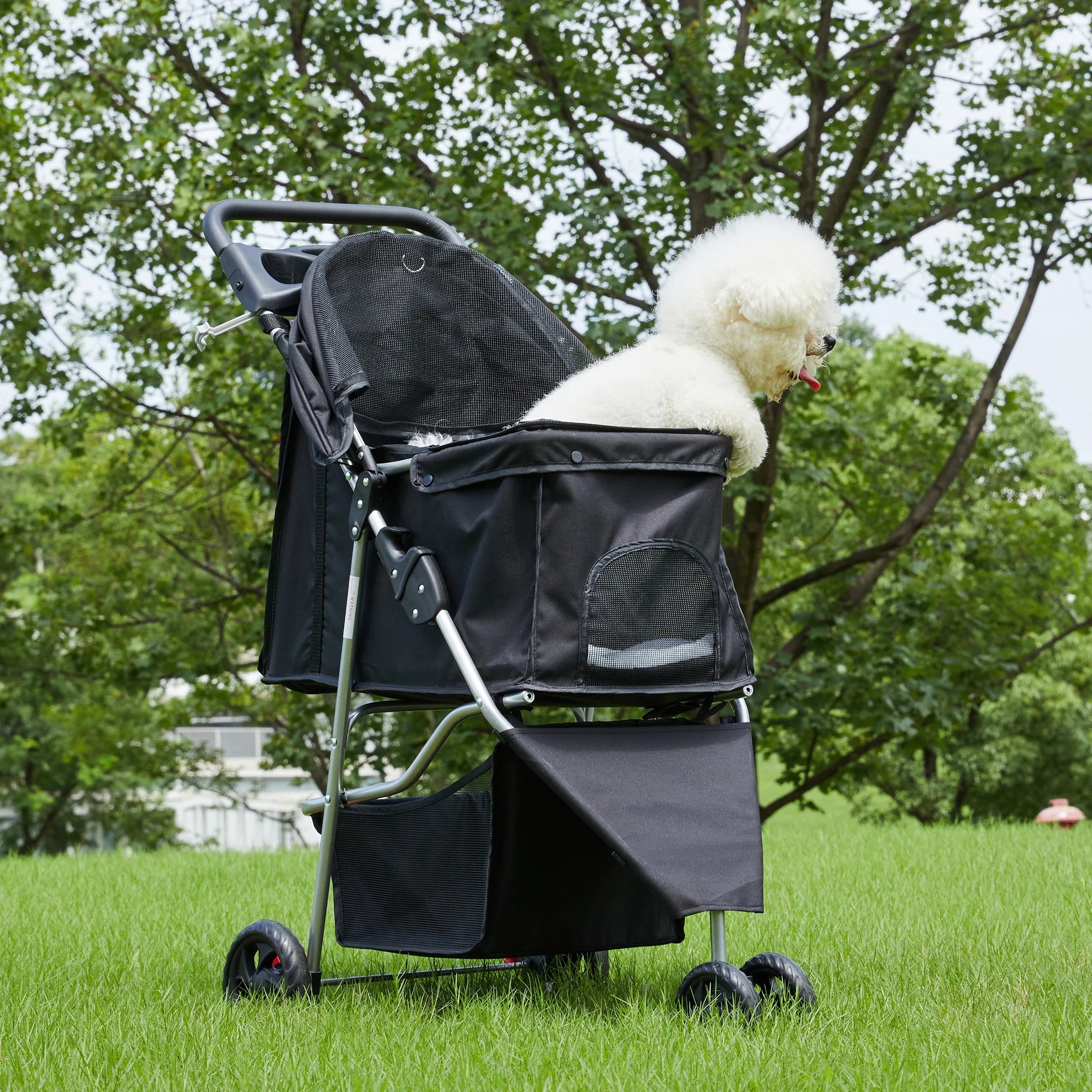 3 Wheels Pet Stroller, Dog and Cat Strollers, with Storage Basket and Cup Holder, Lightweight Travel Carrier, Breathable Mesh, Waterproof and Foldable for Small Pets Outdoor Walk, Black