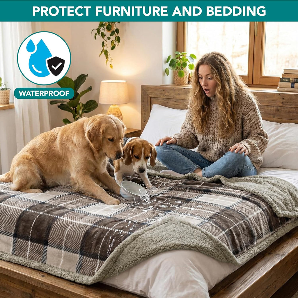 Extra Large Waterproof Dog Blanket - Reversible Sherpa Fleece, Pee Proof Furniture Protector for Couch, Bed & Kennel - Soft, Washable Plaid Taupe Throw for Pets 80x60