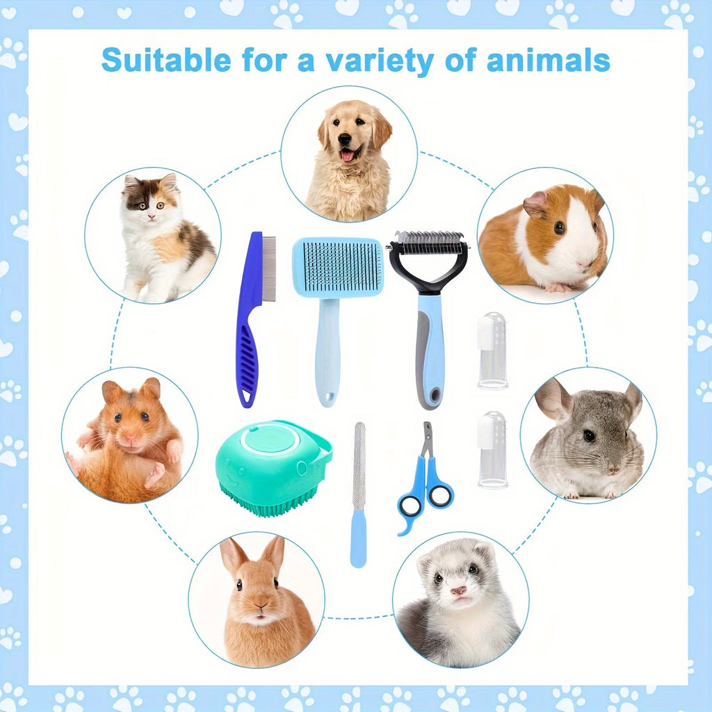 LJSXFI Pet Grooming Brush Kit, 7 Pcs for Shedding & Matted Fur, with Flea Comb and Dog Bath Brush, Cat Dog Brush Grooming Kits