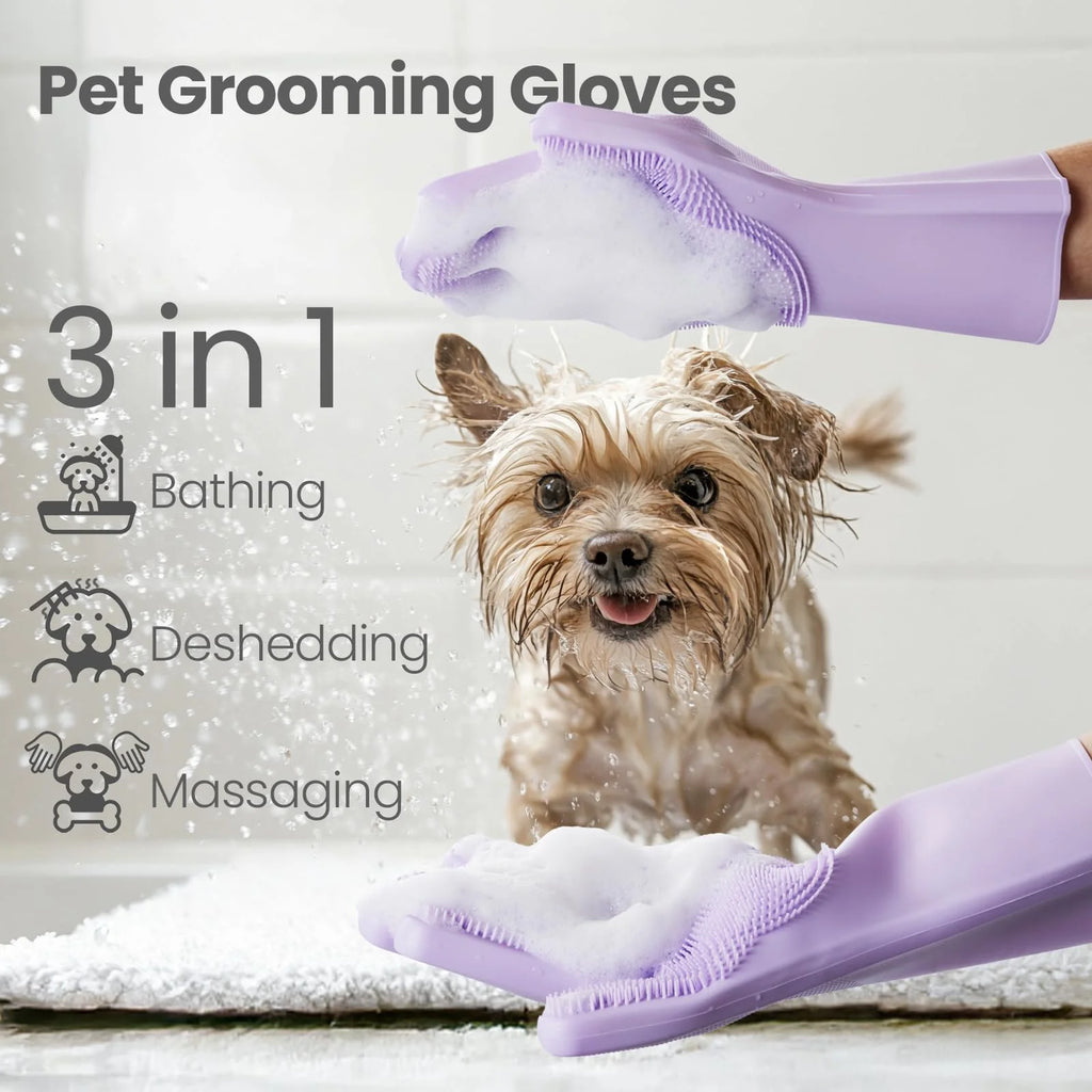 Dog Washing Gloves 1 Pair: Soft and Gentle Silicone Pet Grooming Gloves - Bathing Scrubber Brush Mitt Grooming Shedding Fur Removal Massage for Dogs/Cats/Horse, Purple