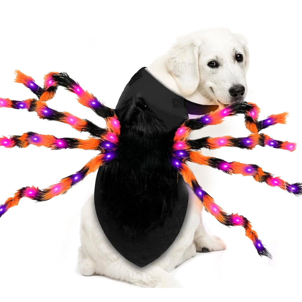 48 LED Spider Dog Halloween Costume for Dogs, Furry Giant Spider with Orange Purple Lights Dog Halloween Cosplay - Small