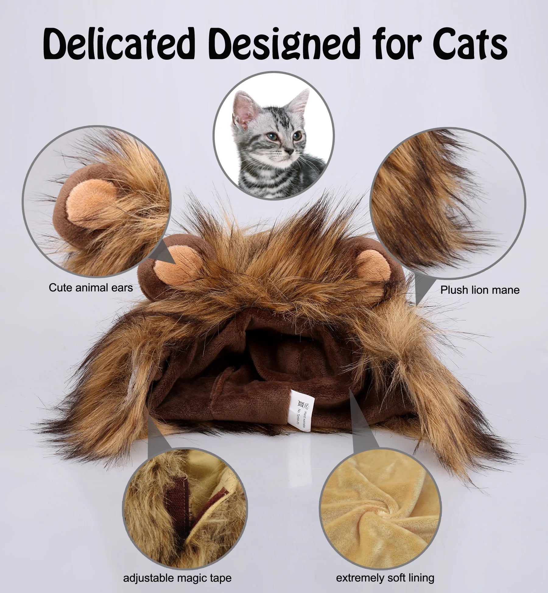Lion Mane Wig for Cats, Funny Pet Cat Costumes for Halloween Christmas, Furry Pet Clothing Accessories (Size M, Melange Brown)