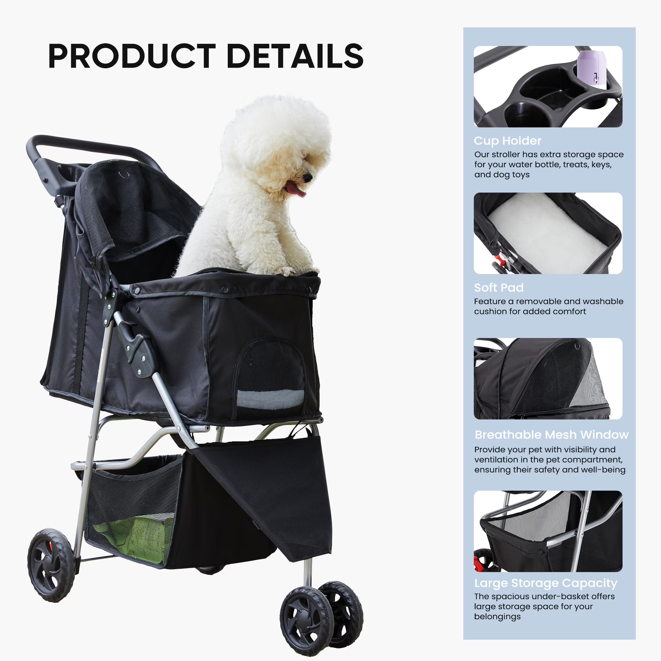 3 Wheels Pet Stroller, Dog and Cat Strollers, with Storage Basket and Cup Holder, Lightweight Travel Carrier, Breathable Mesh, Waterproof and Foldable for Small Pets Outdoor Walk, Black