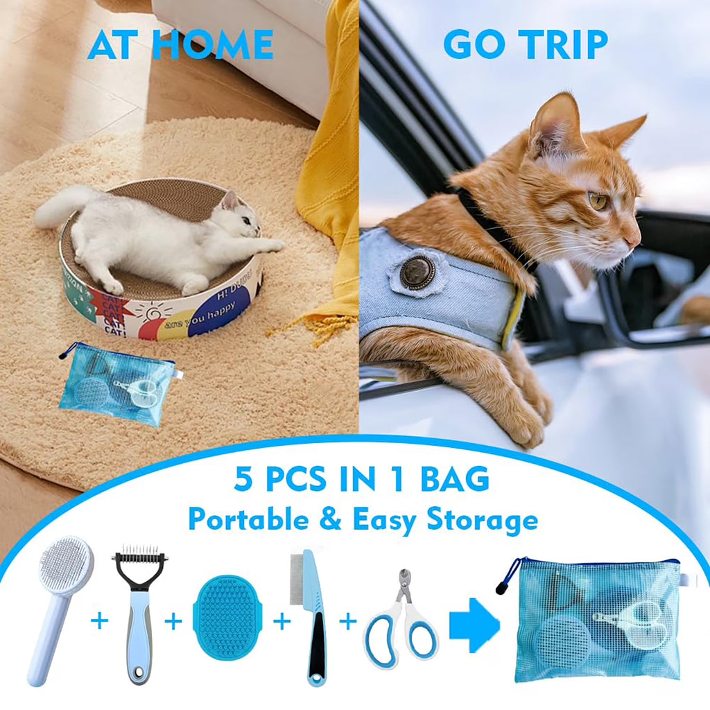 Pet Grooming Brush Kit, 5 Pcs Cat Grooming Supplies for Shedding & Matted Fur, Blue