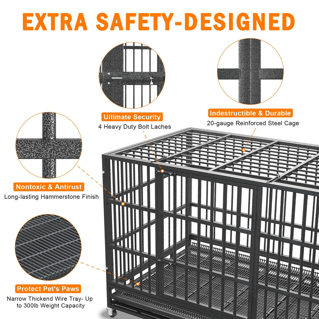 48/38 Inch Heavy Duty Indestructible Dog Crate Cage Kennel for Large Dogs, High Anxiety Dog Crate with Removable Crate Trays, Wheels and Double Door, Extra Large XL XXL Escape Proof Dog Crate