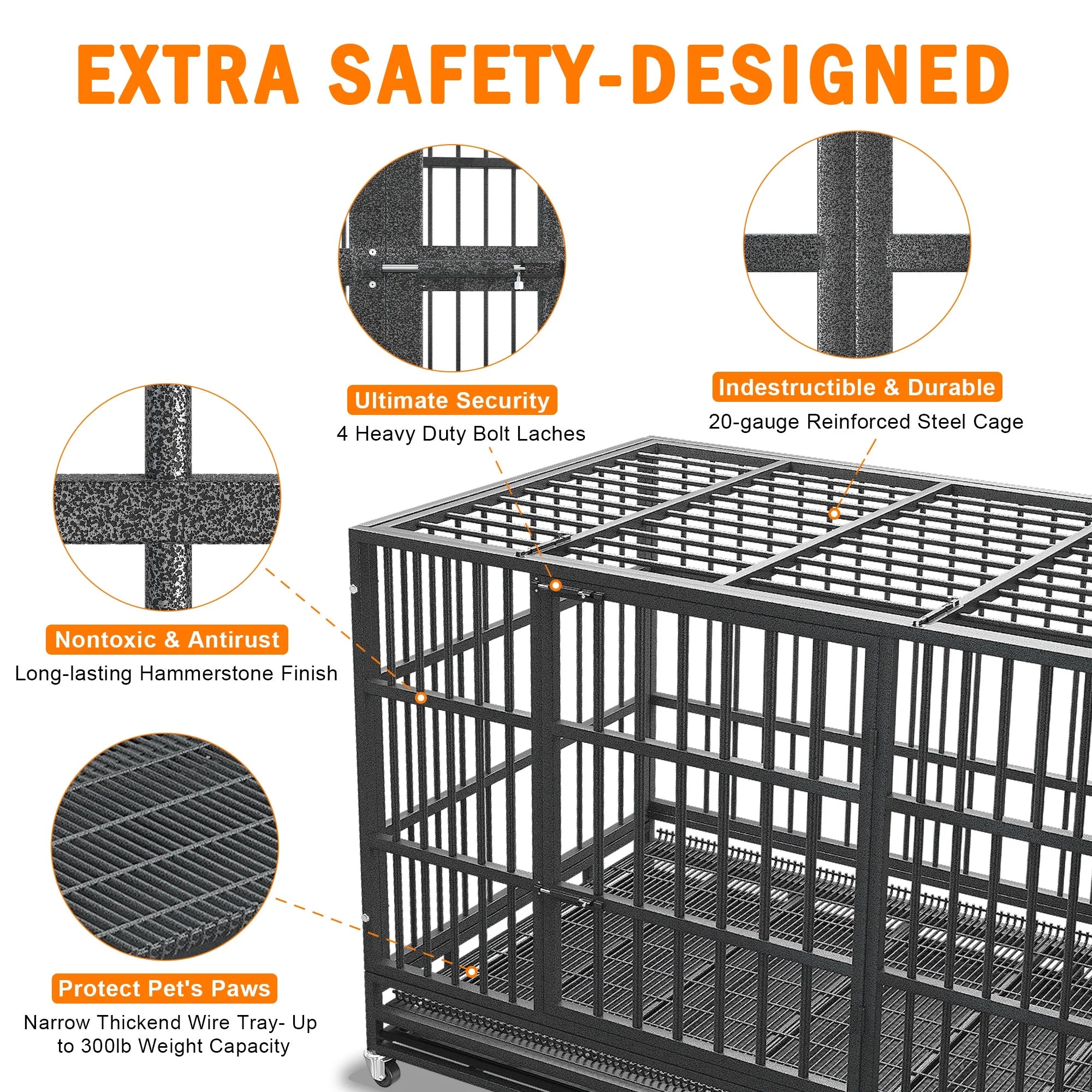 48/38 Inch Heavy Duty Indestructible Dog Crate Cage Kennel for Large Dogs, High Anxiety Dog Crate with Removable Crate Trays, Wheels and Double Door, Extra Large XL XXL Escape Proof Dog Crate