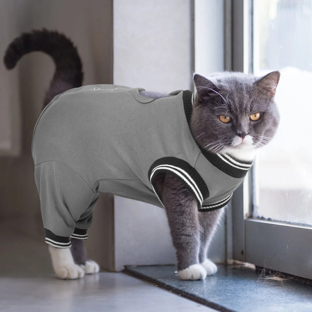 Soft Cat Recovery Suit, Elastic Cat Onesie after Surgery, Rear Leg and Abdomen Wound Protection, Cat Cone Collar Alternative, Gray, S