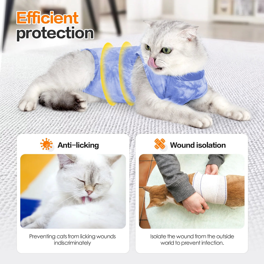 Cat Recovery Suit, Tie-Dye Post-Surgery Pet Clothing, Soft Stretch Fabric Cat Surgery Shirt with Back Button Closure, Prevents Licking and Biting after Spay/Neuter,Pink,L