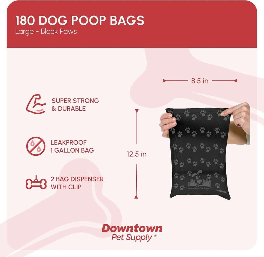 Poop Bags for Dogs with Dispenser, 180 Count - Leak-Proof Dog Waste Bags and Bone-Shaped Dog Poop Bags Holder for Leash - Black with Paw Prints, 12.5" X 8.5"