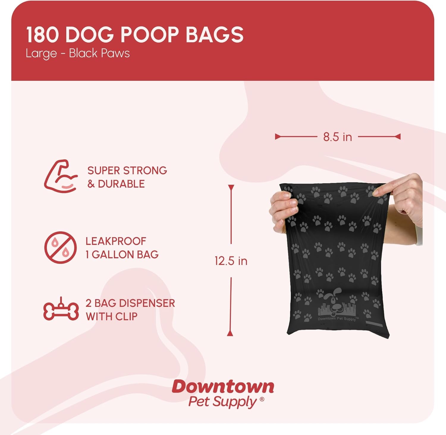 Poop Bags for Dogs with Dispenser, 180 Count - Leak-Proof Dog Waste Bags and Bone-Shaped Dog Poop Bags Holder for Leash - Black with Paw Prints, 12.5" X 8.5"