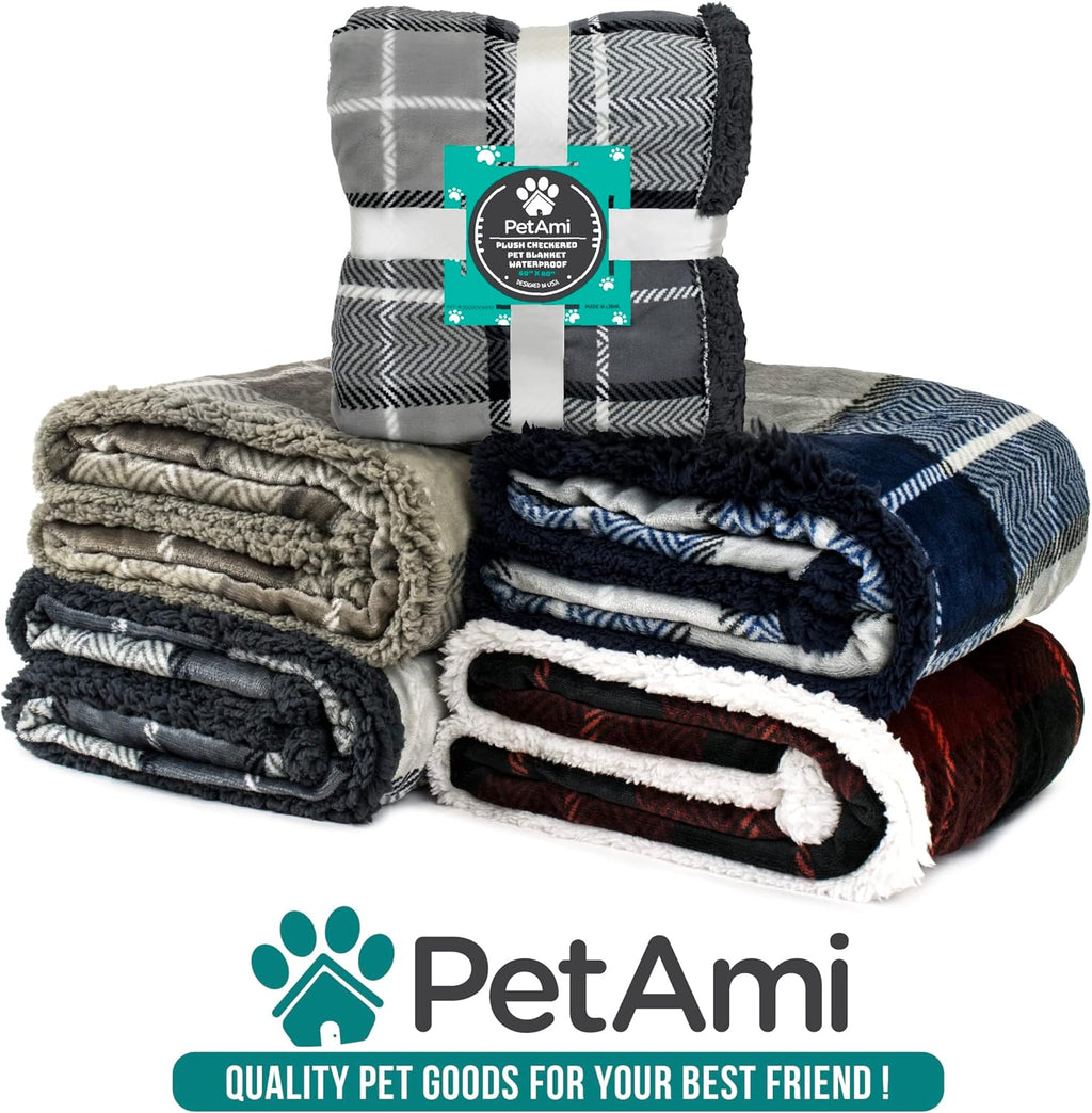 Extra Large Waterproof Dog Blanket - Reversible Sherpa Fleece, Pee Proof Furniture Protector for Couch, Bed & Kennel - Soft, Washable Plaid Taupe Throw for Pets 80x60