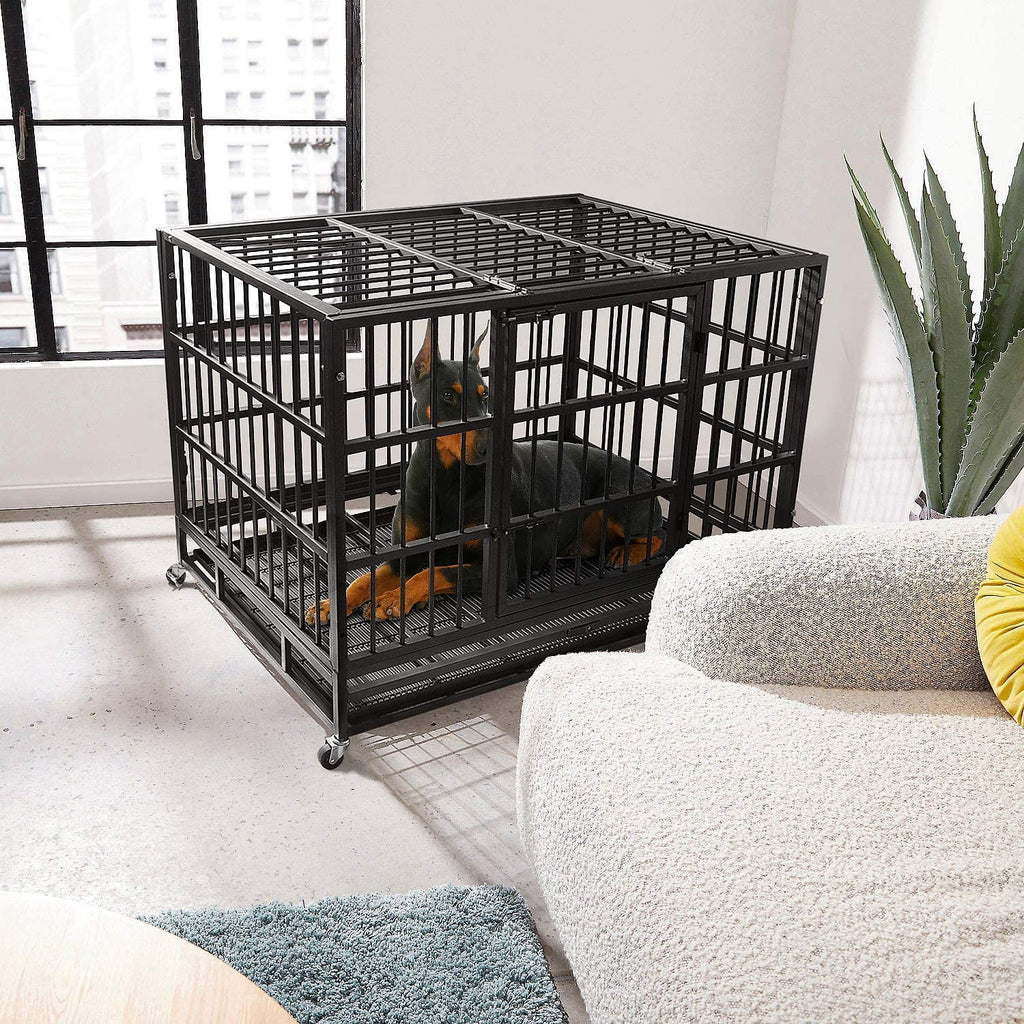 42 Inch Heavy Duty Dog Crate Cage with Wheels for Indoor, Large Dog Kennel with Removable Tray